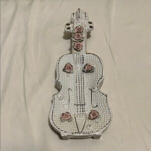 White Ceramic Violin with Pink Roses